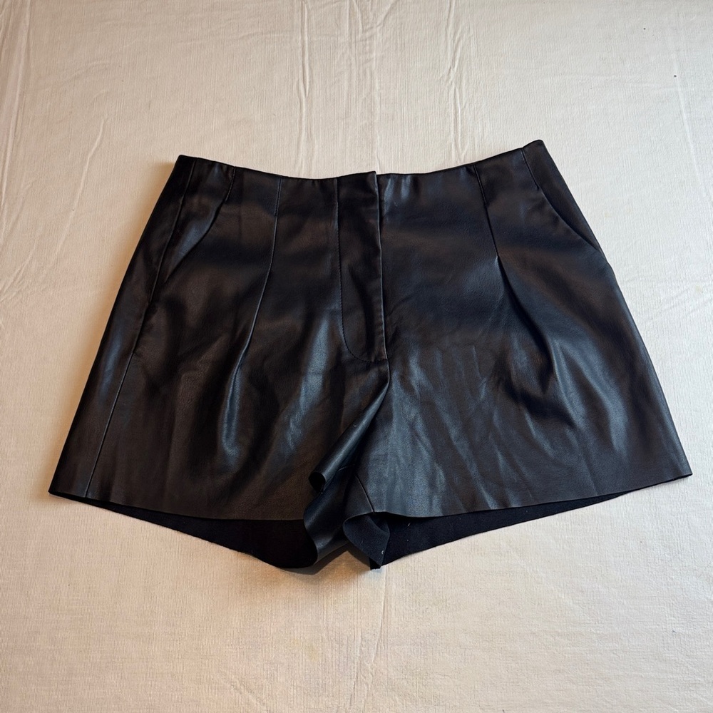 Mango Women's Black High Waist Faux Leather Shorts Size 4
